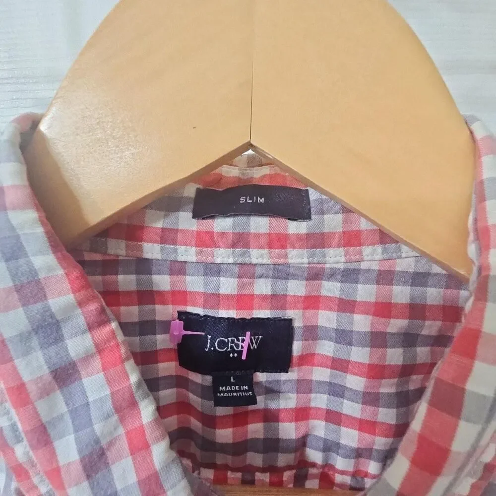 J.Crew Men's Slim Fit Red White and Blue Gingham Button Down Long Sleeve Shirt